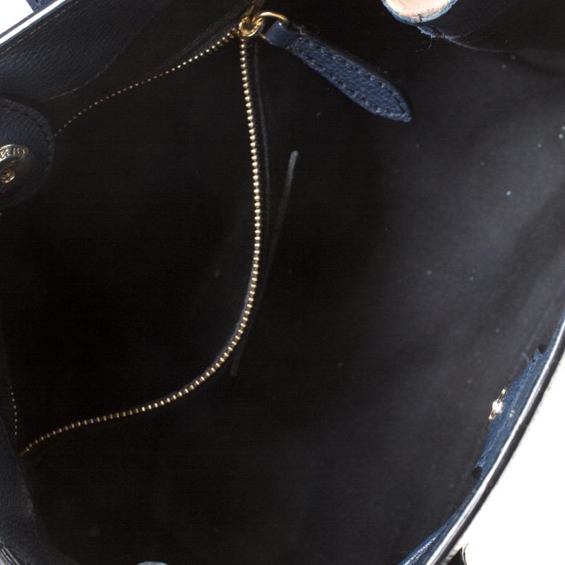 Burberry Navy Blue Leather and House Check Fabric Small Banner Tote For Sale 1
