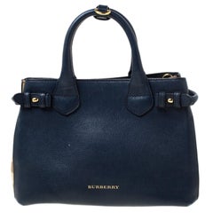 Burberry Navy Blue Leather and House Check Fabric Small Banner Tote