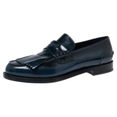 Burberry Navy Blue Leather Fringe Detail Penny Loafers Size 44