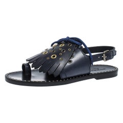 Burberry Navy Blue Leather Kiltie Fringe Eyelet Detail Flat Sandals Size 37