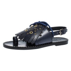 Burberry Marineblau Leder Kiltie Fransen Öse Detail flache Sandalen Größe 37