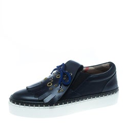 Burberry Navy Blue Leather Kiltie Fringe Slip On Sneakers Size 39