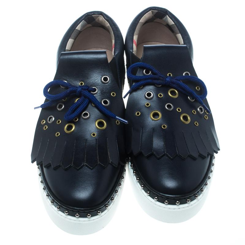 Black Burberry Navy Blue Leather Kiltie Fringe Slip On Sneakers Size 39.5