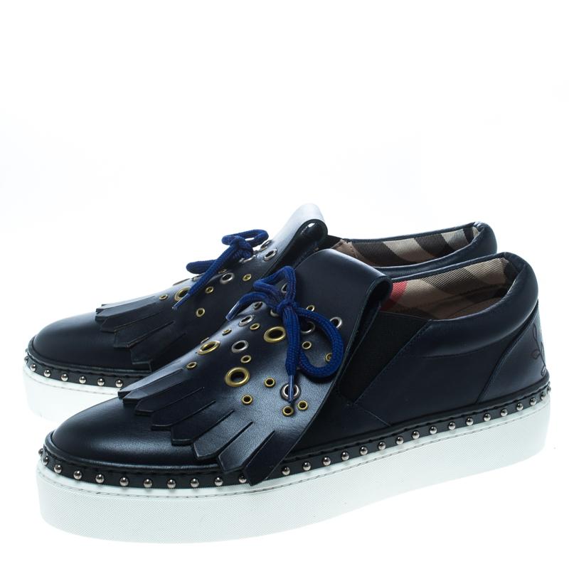 Burberry Navy Blue Leather Kiltie Fringe Slip On Sneakers Size 39.5 In New Condition In Dubai, Al Qouz 2