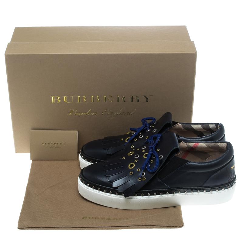 Burberry Navy Blue Leather Kiltie Fringe Slip On Sneakers Size 39.5 3