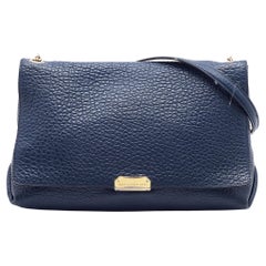 Burberry Navy Blue Leather Large Mildenhall Flap Shoulder Bag