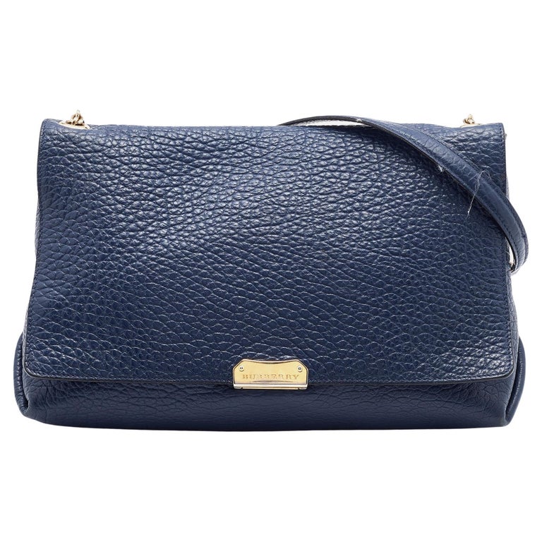 Burberry Navy Blue Leather Large Mildenhall Flap Handbag For Sale at 1stDibs