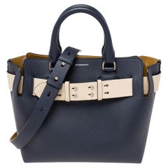 Used Burberry Navy Blue Leather Small Belt Tote