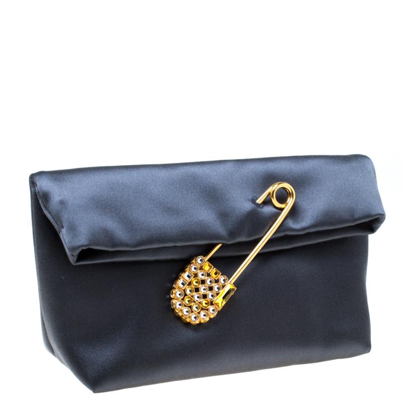 Gray Burberry Navy Blue Satin Crystal Embellished Pin Clutch