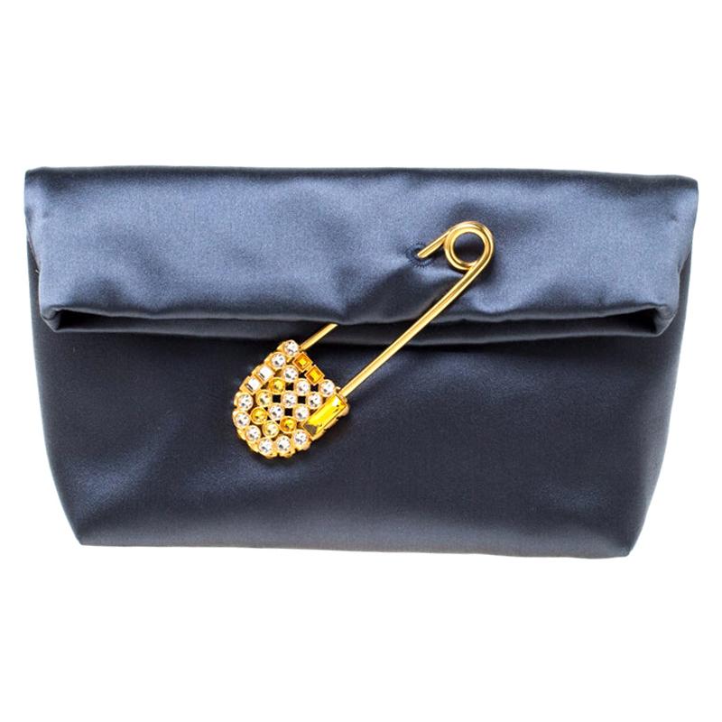 Burberry Navy Blue Satin Crystal Embellished Pin Clutch