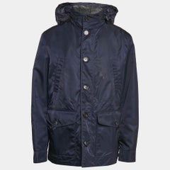 Burberry Navy Blue Synthetic Leather Trim Hooded Jacket XXL