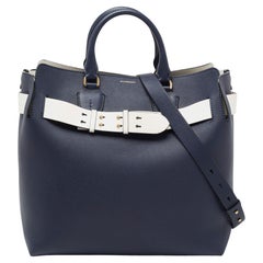 Burberry Navy Blue/White Grained Leather Large Belt Tote