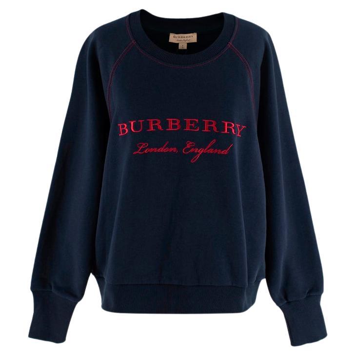 Burberry Navy Cotton Logo Embroidered Sweatshirt For Sale