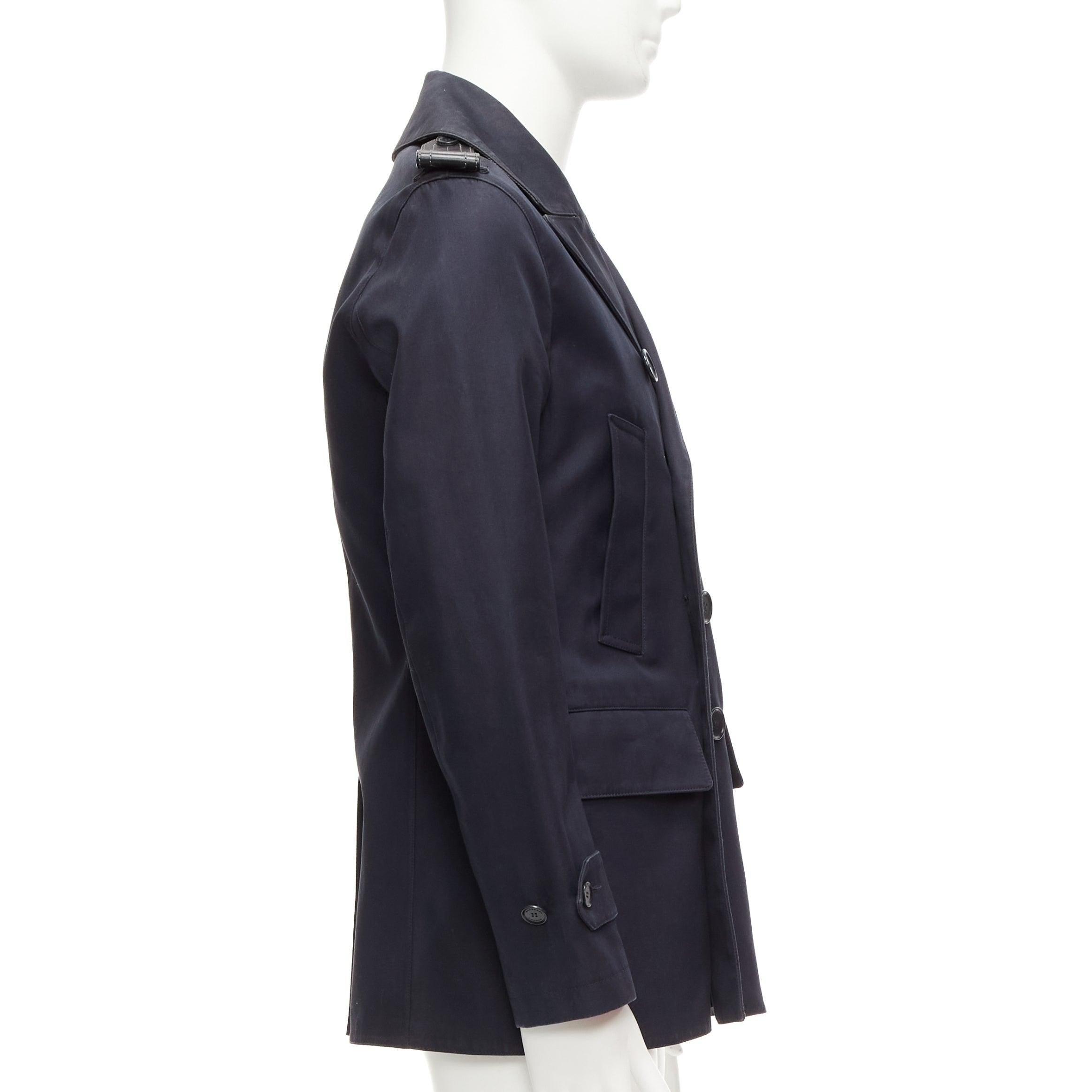 Men's BURBERRY navy cotton wool lined leather epaulet short trench coat IT48 M For Sale