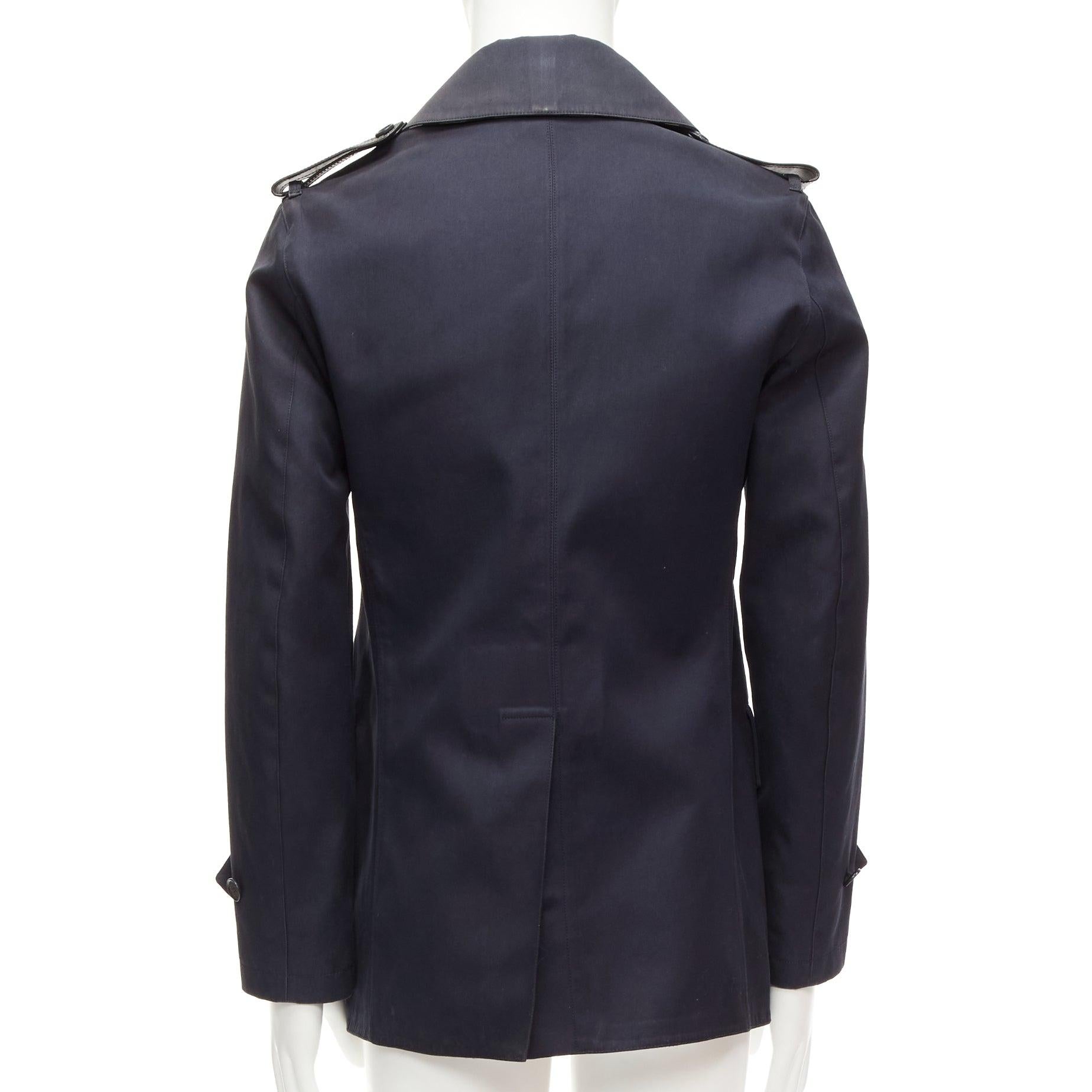 BURBERRY navy cotton wool lined leather epaulet short trench coat IT48 M For Sale 1