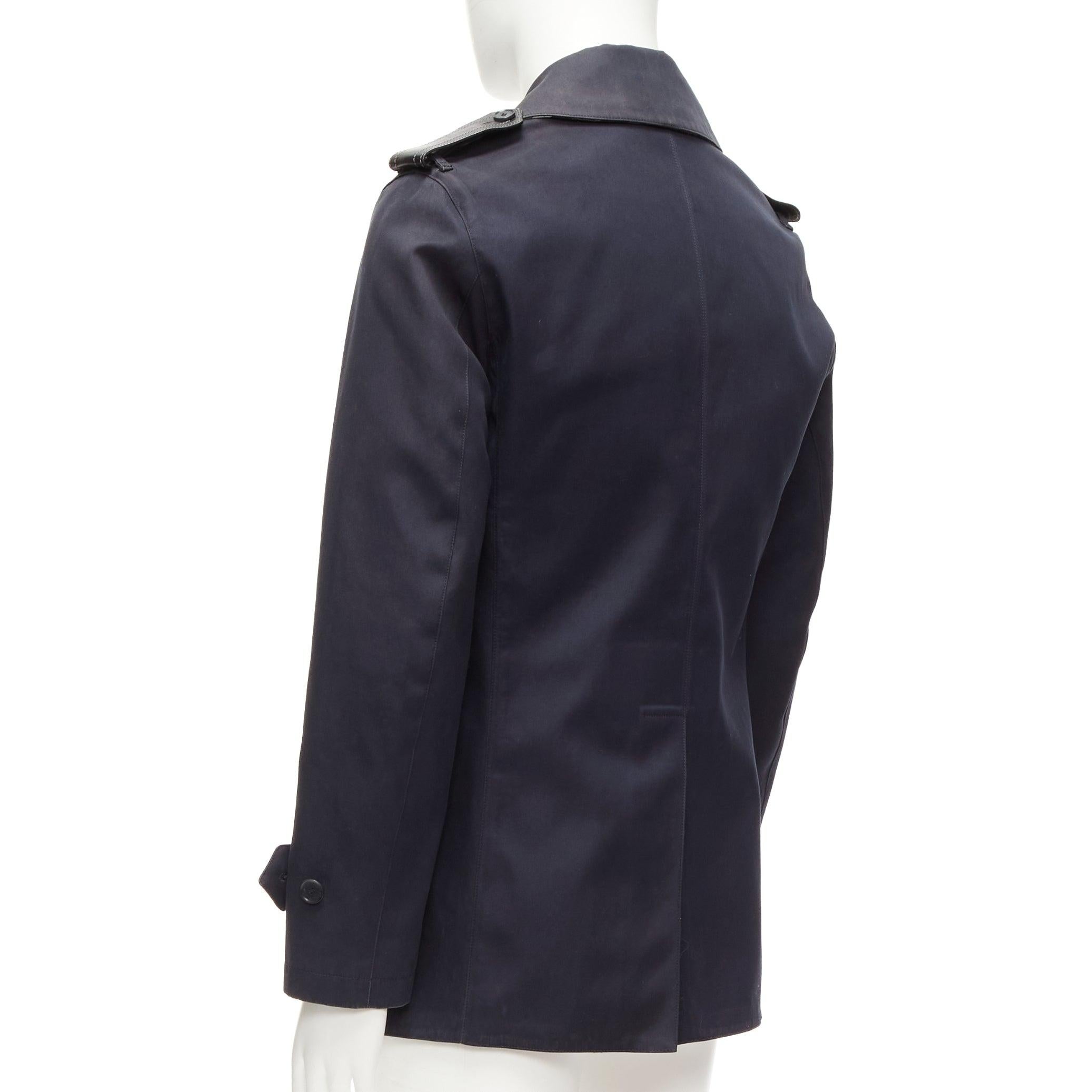 BURBERRY navy cotton wool lined leather epaulet short trench coat IT48 M For Sale 2