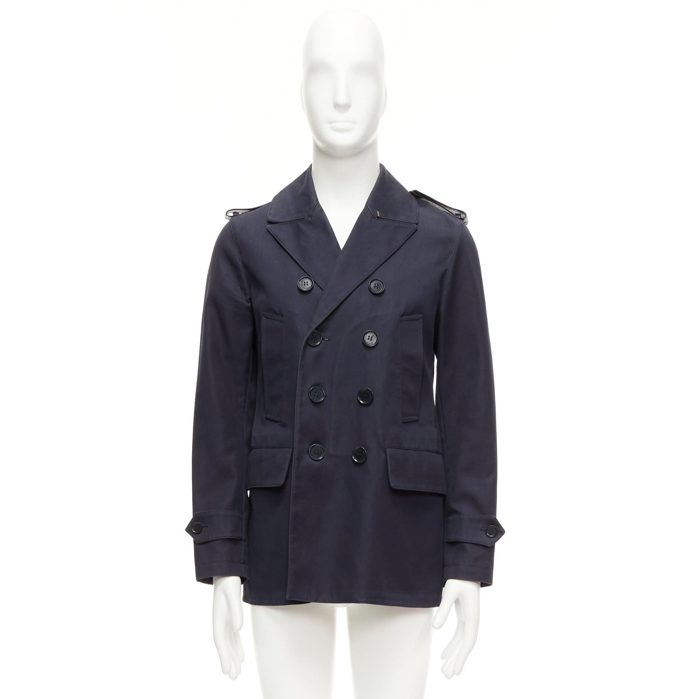 BURBERRY navy cotton wool lined leather epaulet short trench coat IT48 M For Sale 5