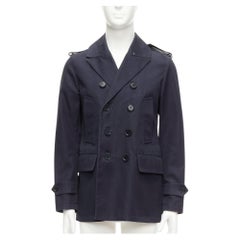 BURBERRY trench-coat court bleu marine doublé de laine de coton et de cuir epaulet IT48 M