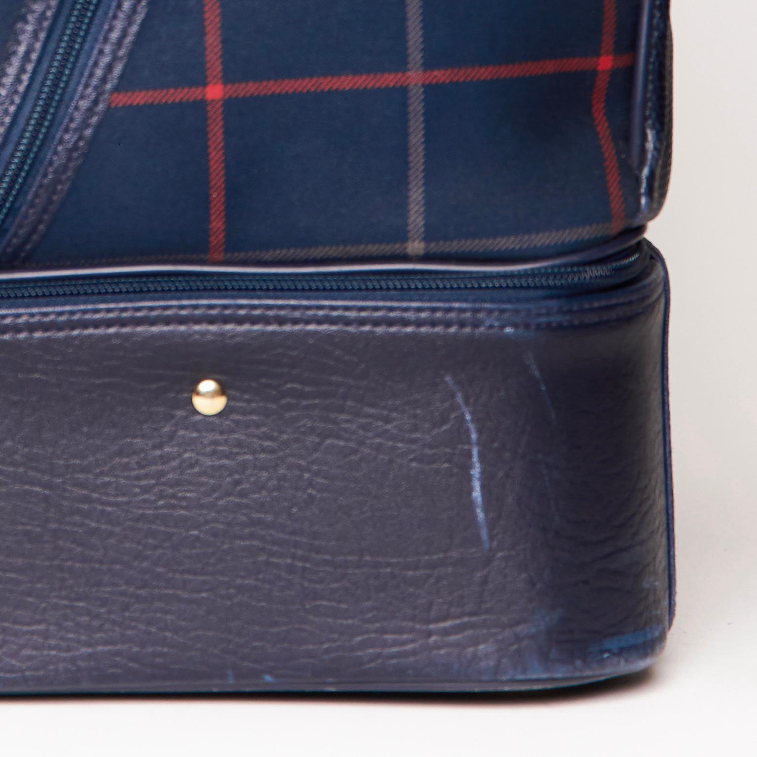 Burberry Navy Leather & Plaid Canvas Top Handle Travel Bag 2