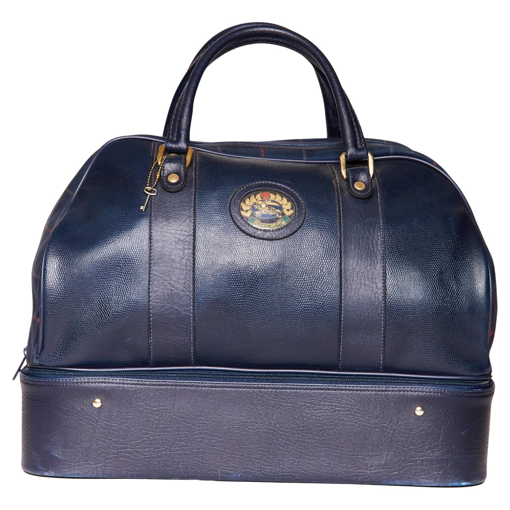 Burberry Navy Leather & Plaid Canvas Top Handle Travel Bag