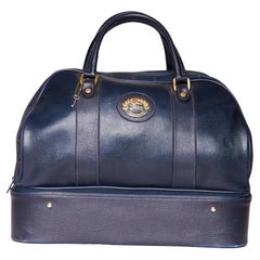Burberry Navy Leather & Plaid Canvas Top Handle Travel Bag
