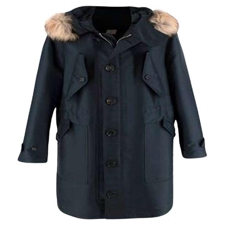 Burberry Navy Parka with Fox Fur Trimmed Hood For Sale