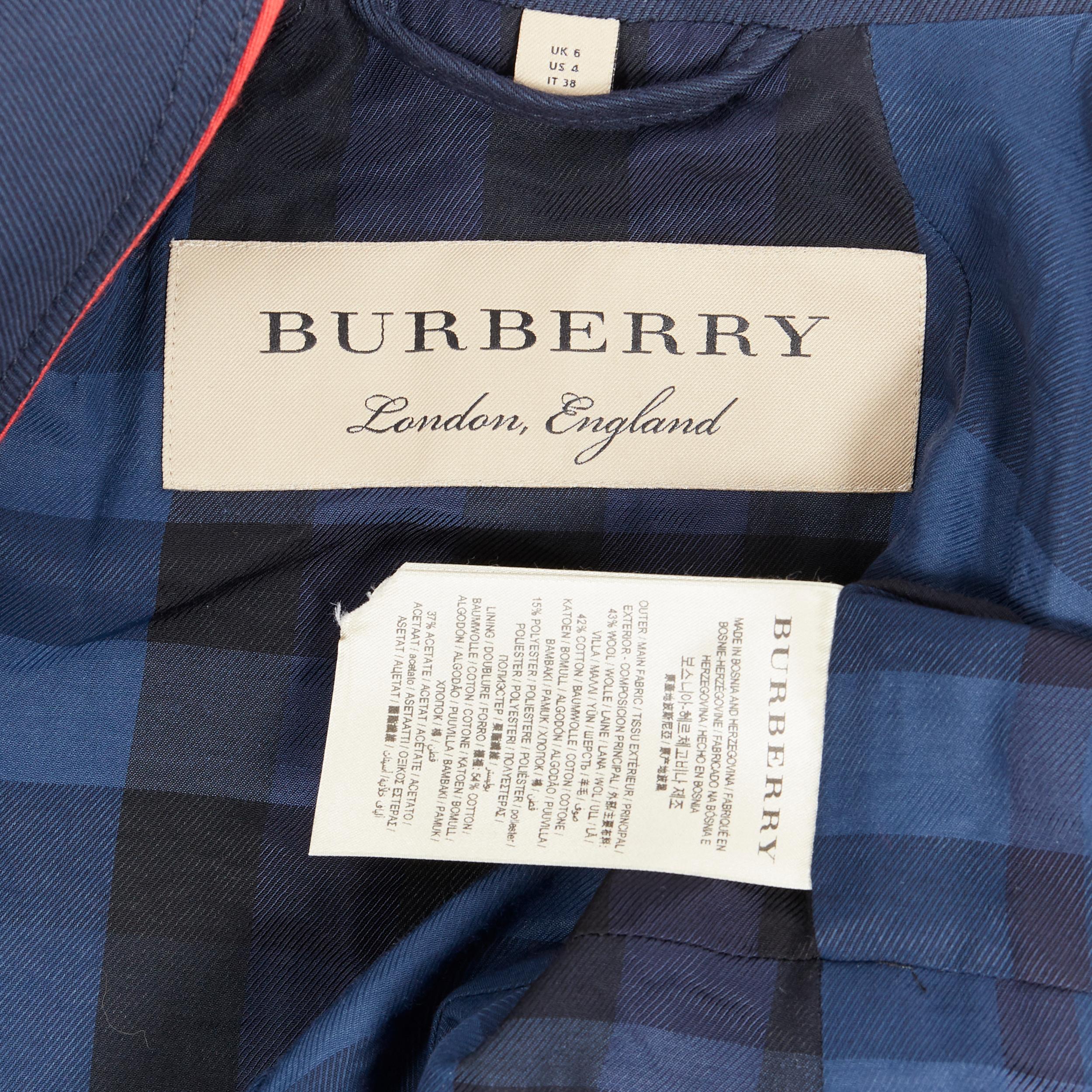 BURBERRY navy wool cotton gold button officer collar military jacket UK6 XS 4