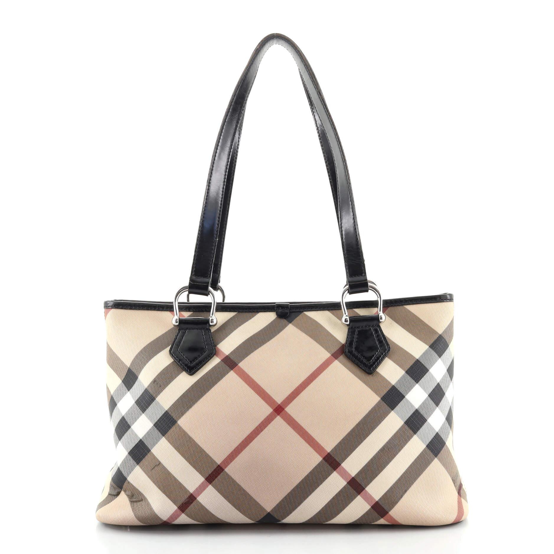 Beige Burberry Nickie Tote Nova Check Coated Canvas Small