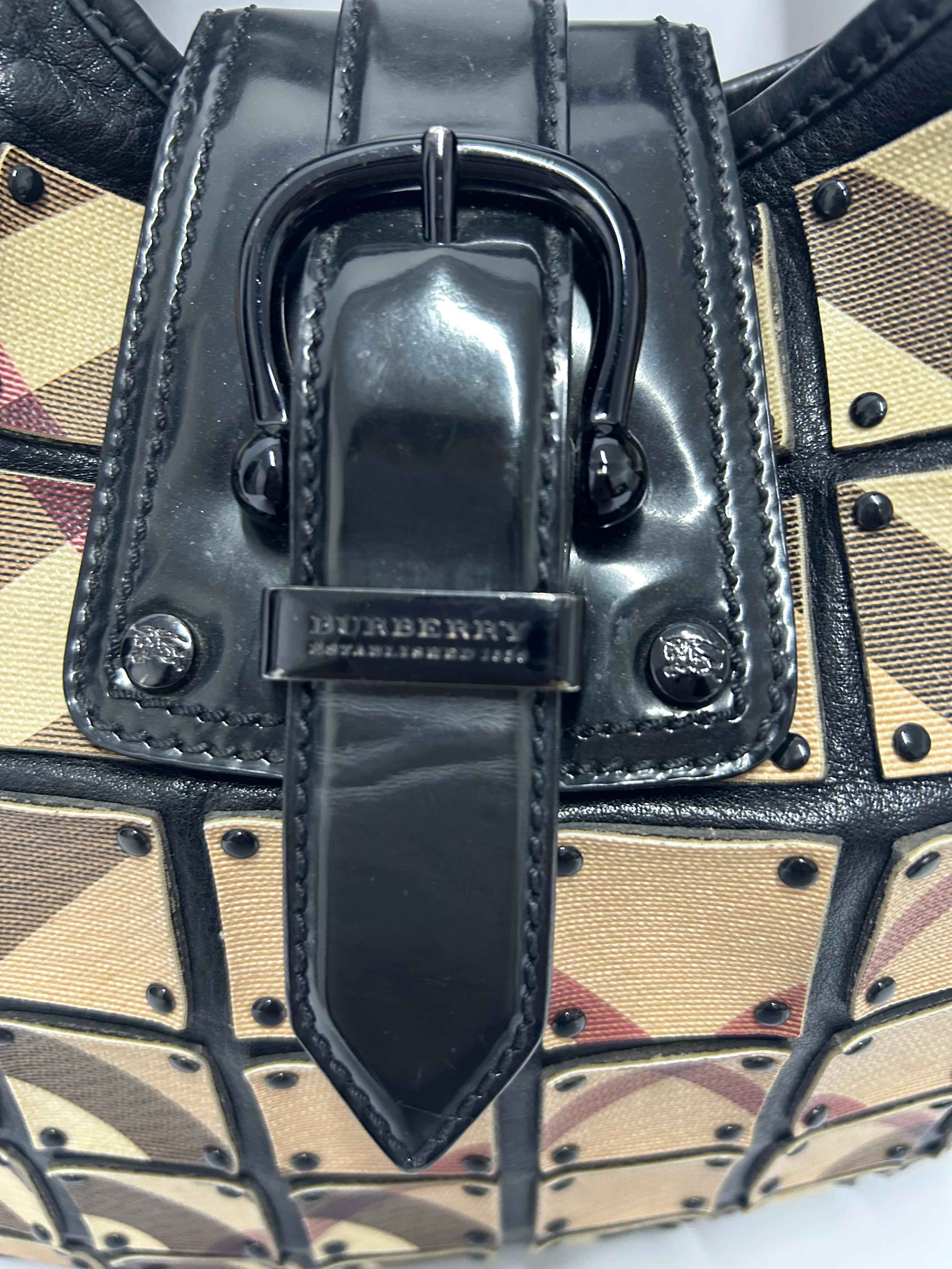 Burberry Nova Check Canvas And Leather Studded Brooke Warrior Hobo For Sale 7