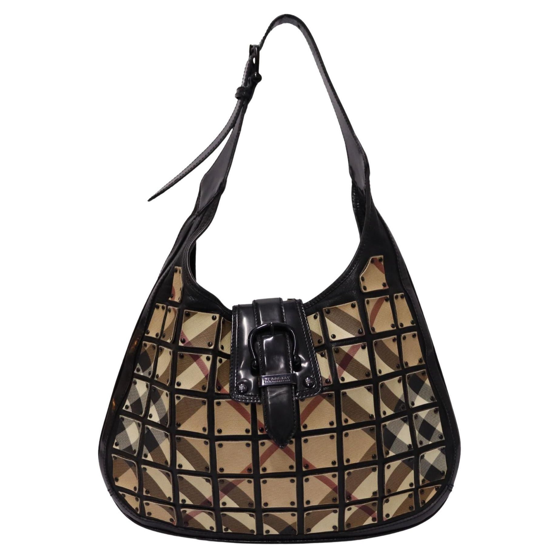 Burberry Nova Check Canvas And Leather Studded Brooke Warrior Hobo For Sale