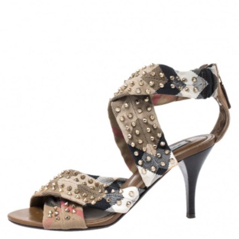 Burberry Nova Check Criss Cross Canvas Spike Studded Open Toe Sandals Size 37