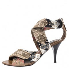 Burberry Nova Check Criss Cross Canvas Spike Studded Open Toe Sandals Size 37