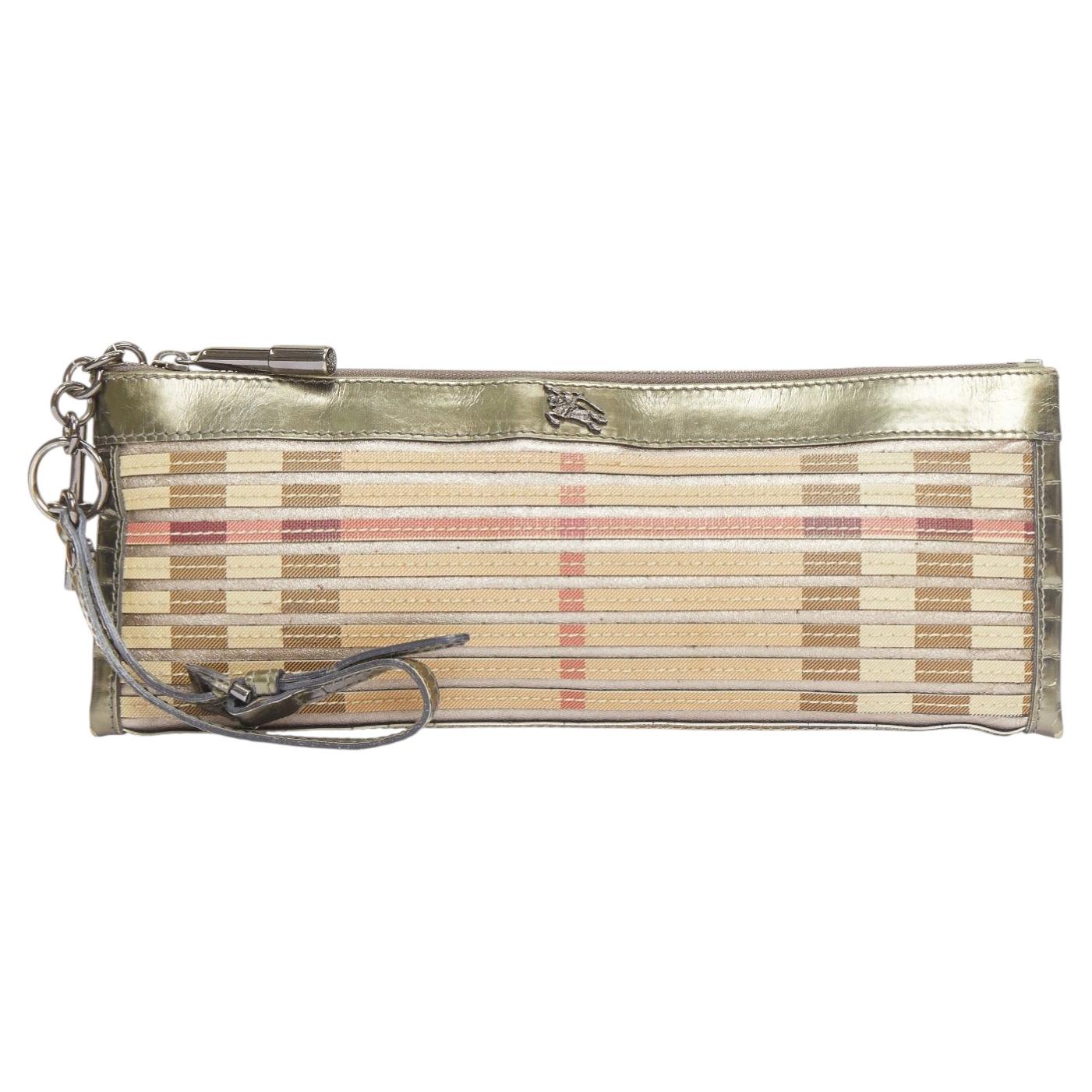 BURBERRY Nova Check gold leather House Check applique zip clutch wristlet For Sale