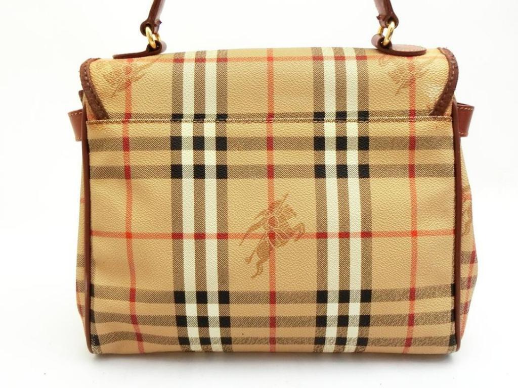 Burberry Nova Check Top Handle Kelly 231251 Beige Coated Canvas Satchel In Good Condition In Forest Hills, NY