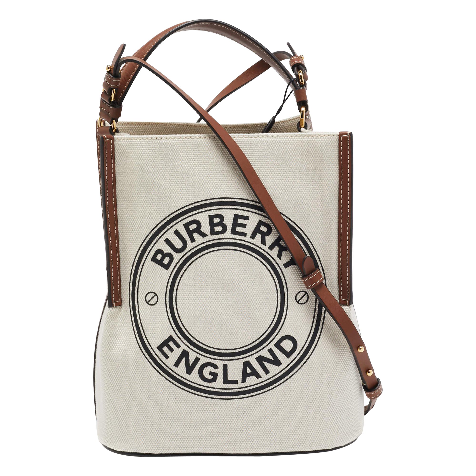Burberry Off White/Brown Canvas and Leather Small Peggy Bucket Bag