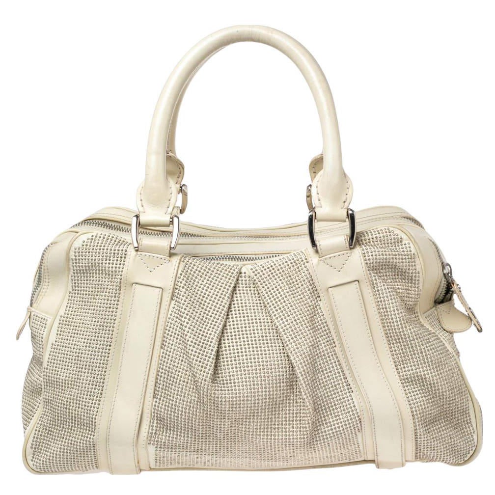 Burberry Off White Leather Studded Ashbury Knight Satchel