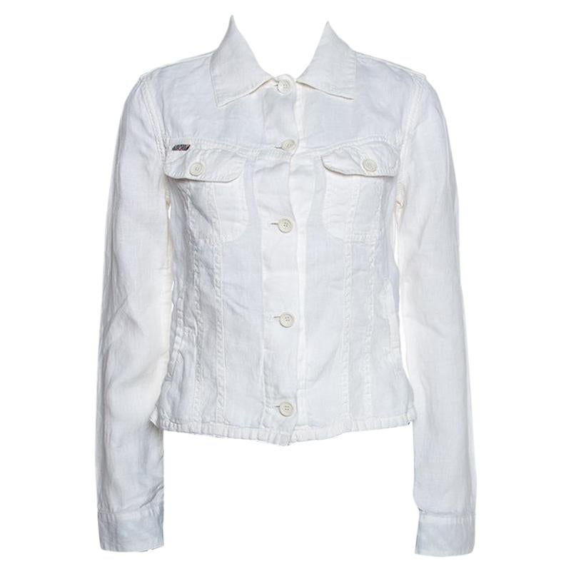 Burberry Off White Linen Pocket Detail Button Front Shirt S For Sale