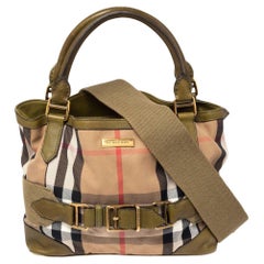 Burberry Olive Green/Beige House Check Canvas and Leather Buckle Tote
