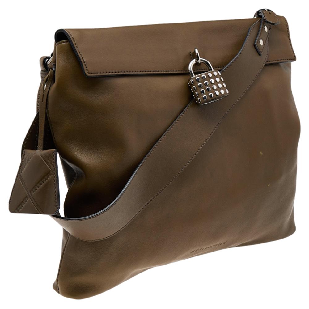 Burberry Olive Green Leather Studded Lock Messenger Bag at 1stDibs