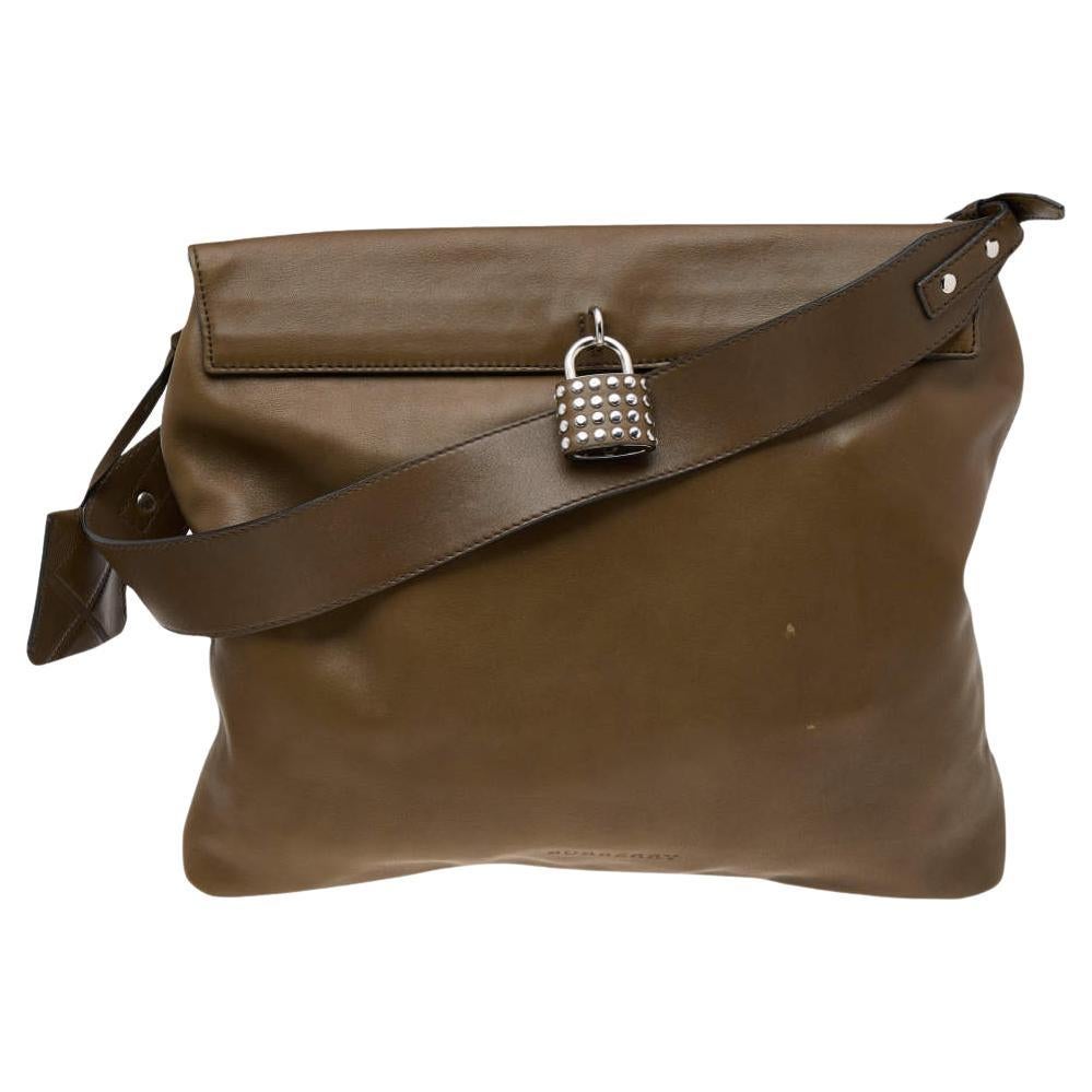 Burberry Olive Green Leather Studded Lock Messenger Bag For Sale