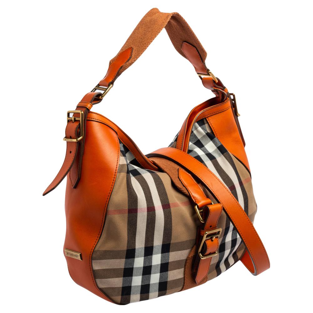 Brown Burberry Orange/Beige Nova Check Canvas and Leather Buckle Hobo