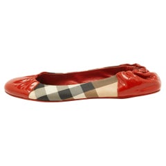 Used Burberry Orange/Beige Patent Leather and Nova Check Coated Canvas Scrunch Ballet