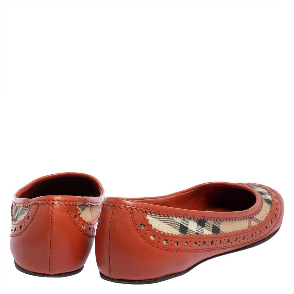 Burberry Orange Brogue Leather And Haymarket Check Canvas Tudor Flats Size 36 1