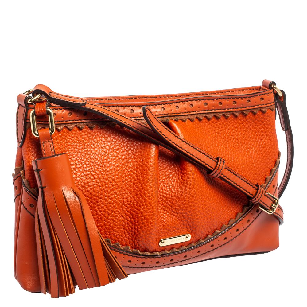 Burberry Orange Brogue Leather Tassel Crossbody Bag 1