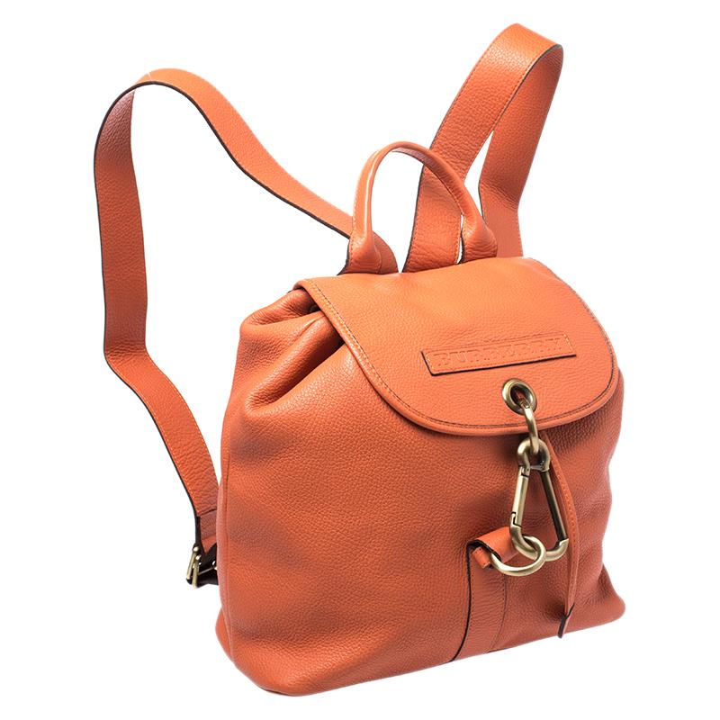 Burberry Orange Leather Hook Flap Backpack In Good Condition In Dubai, Al Qouz 2
