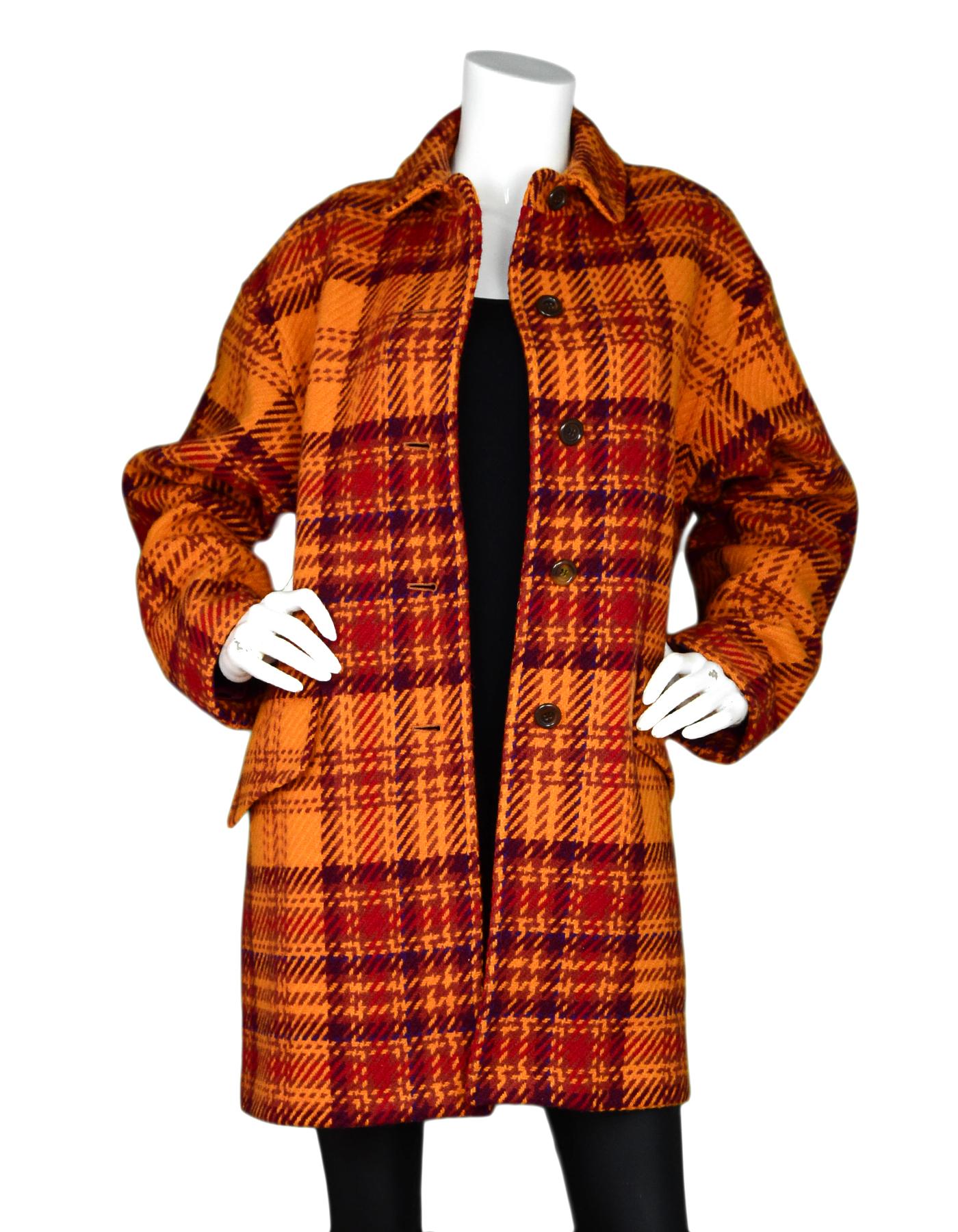 Burberry Orange/Red Wool Tartan Plaid Coat Sz XL

Made In:  U.S.A
Color: Orange, red
Materials: 100% wool
Lining: Burgundy satin
Opening/Closure: Button front
Overall Condition: Excellent pre-owned condition  
Measurements: 
Shoulder To Shoulder: