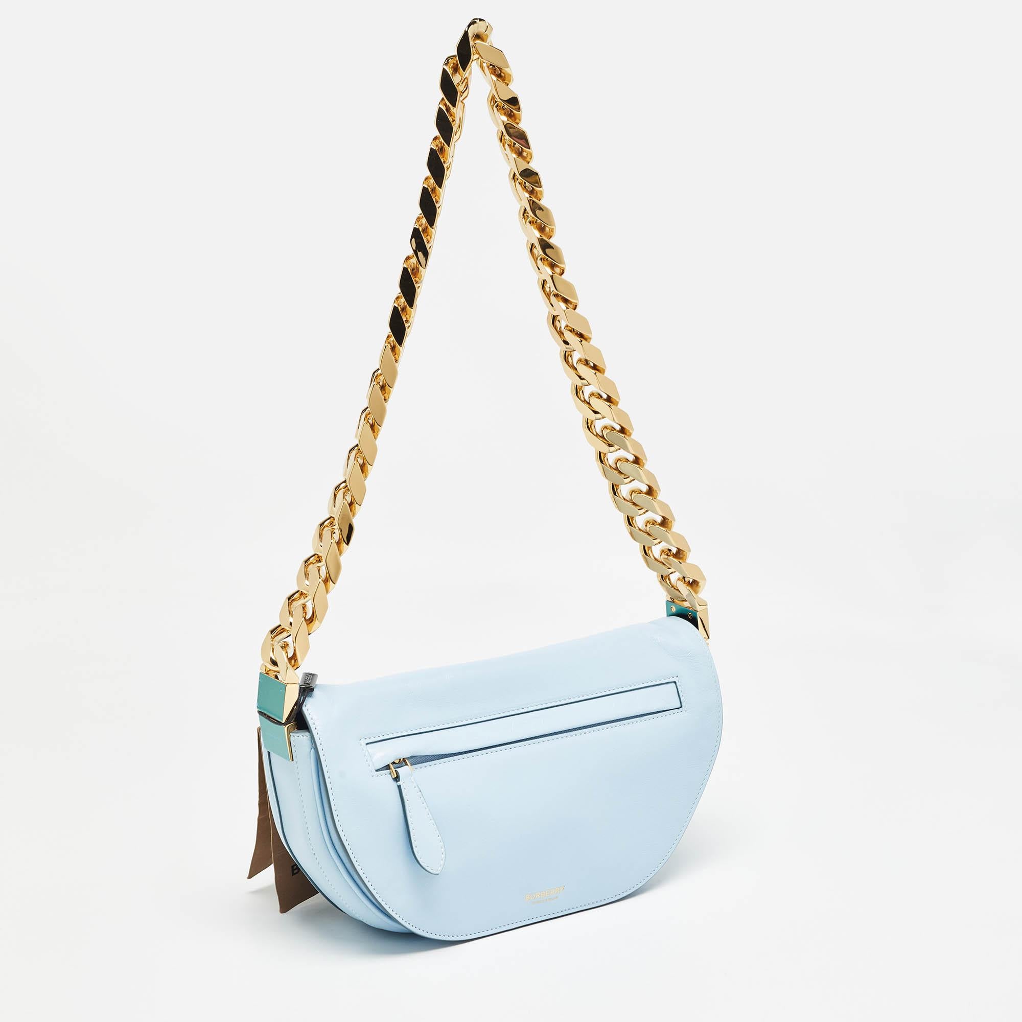 Gray Burberry Pale Blue Leather Small Olympia Chain Shoulder Bag For Sale