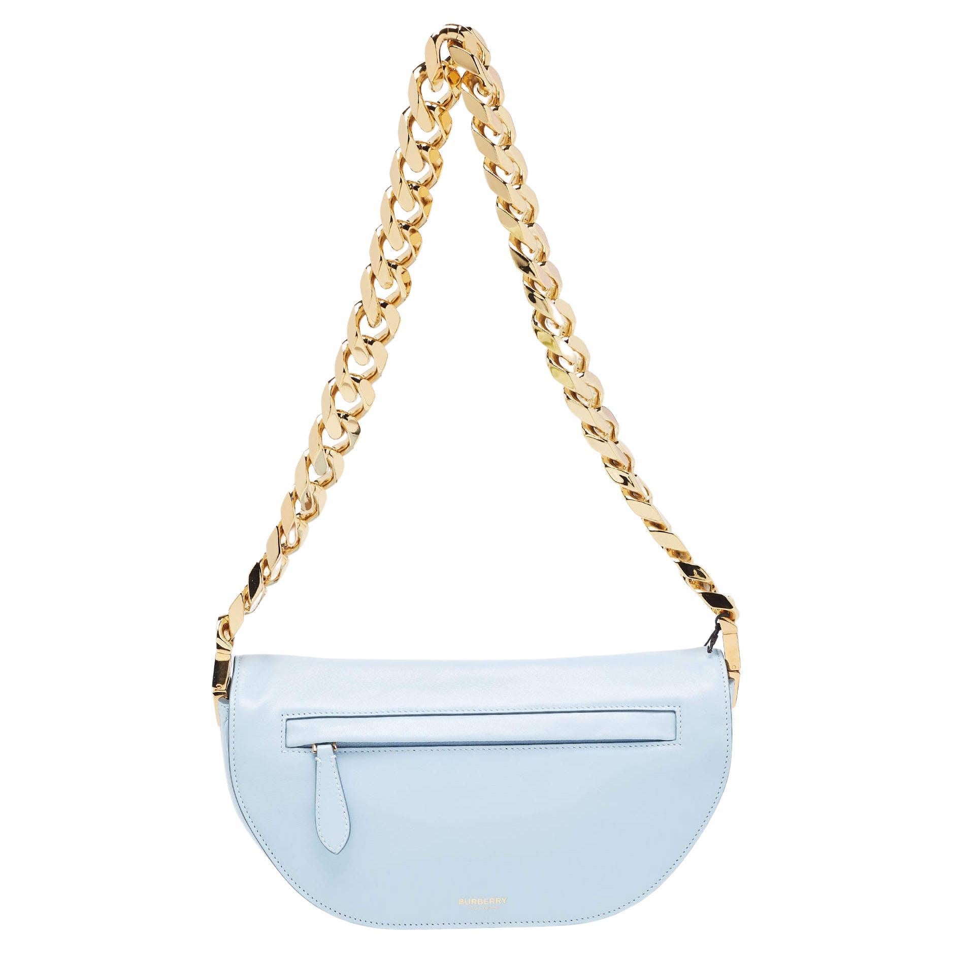 Burberry Pale Blue Leather Small Olympia Chain Shoulder Bag For Sale