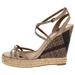 Burberry Pale Green Strappy Leather Woven Wedge Espadrille Sandals Size 39