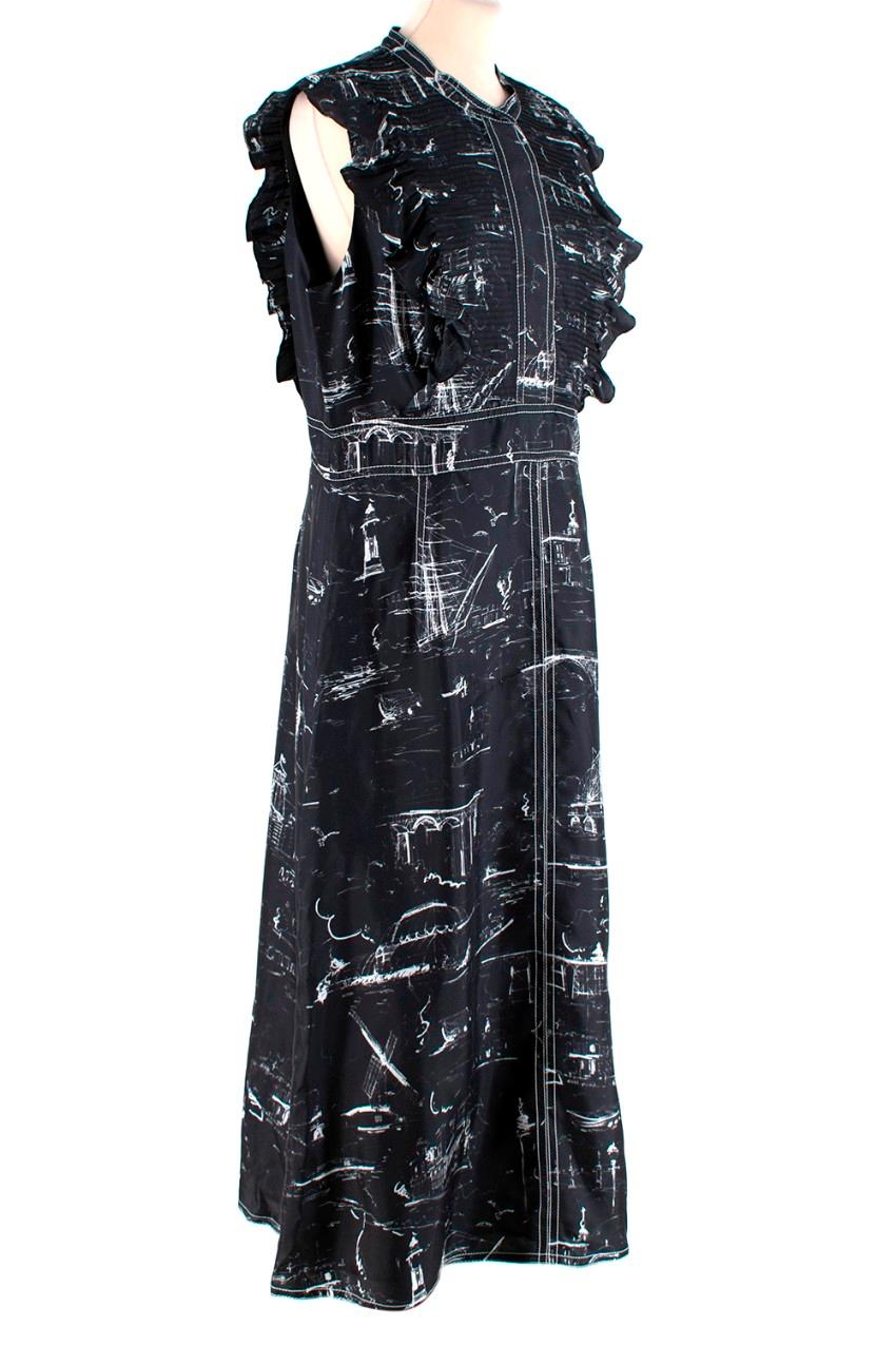 Burberry Parker Black & White Landmark Print Silk Dress
 

 - Silk twill sleeveless dress in black with white landmark sketch all-over pattern
 - Round neckline
 - Small pleat details to the chest and back with side ruffles
 - Contrasting white